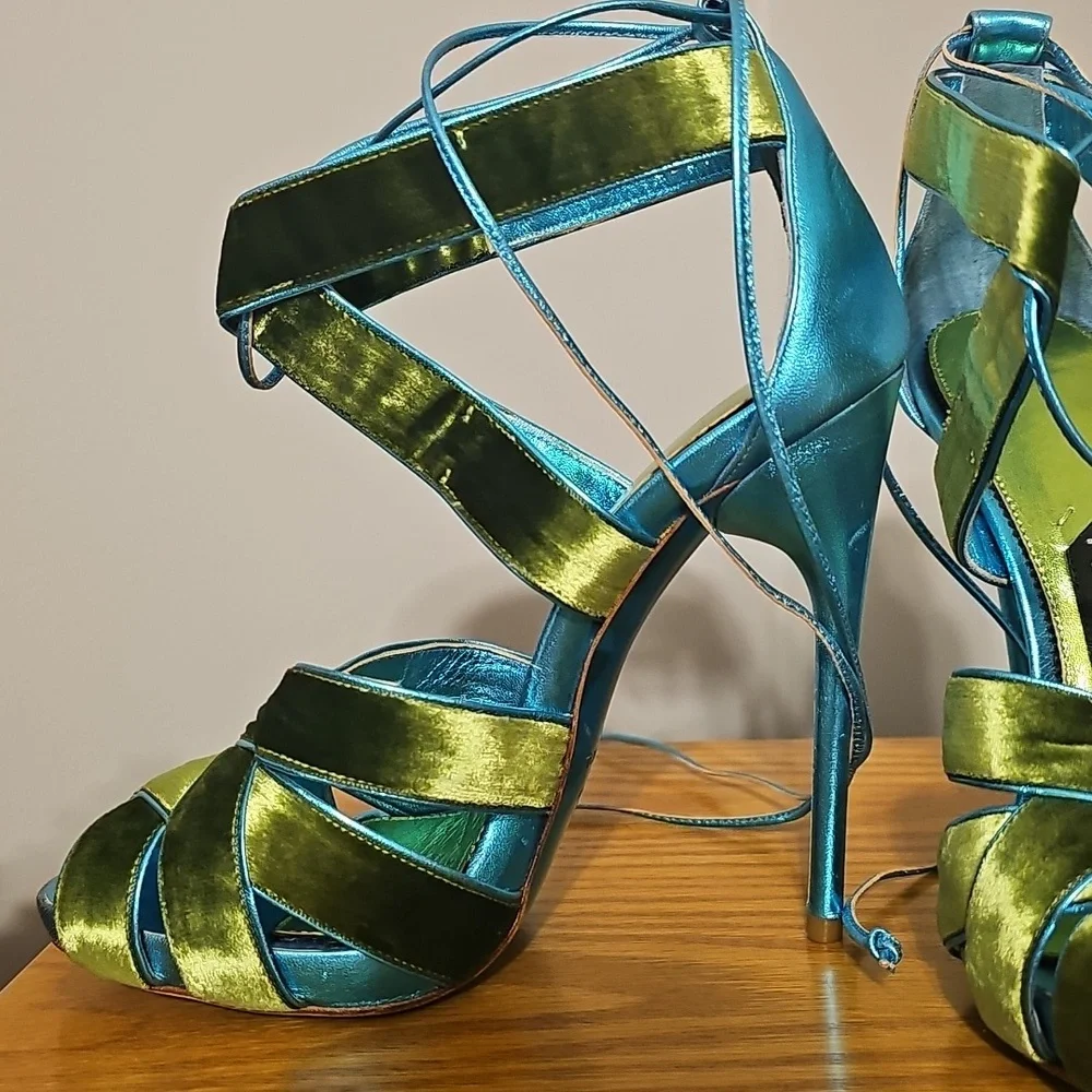 Tom Ford Teal and Lime Green Satin Strappy High Heel Sandals - Picture 4 of 13